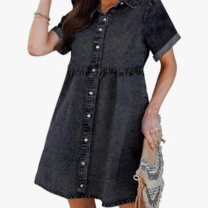 Luvamia Short Sleeve Button Down Tiered Denim Dress - Vintage Black